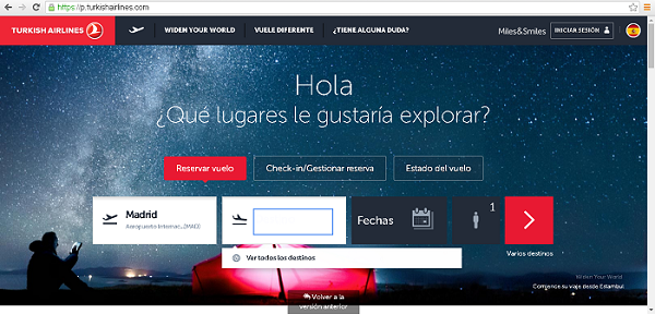 Home de la web en español de Turkish Airlines