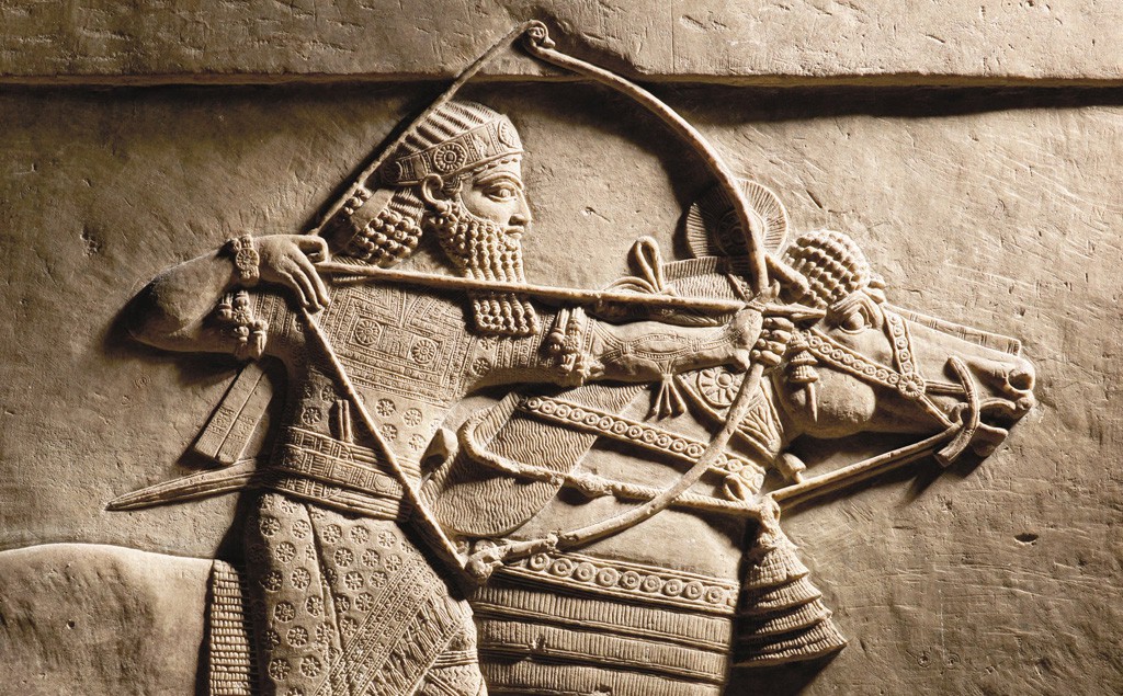 Motivo de caza de Ashurbanipal a caballo. Nínive, Asiria, 645-635 aC.